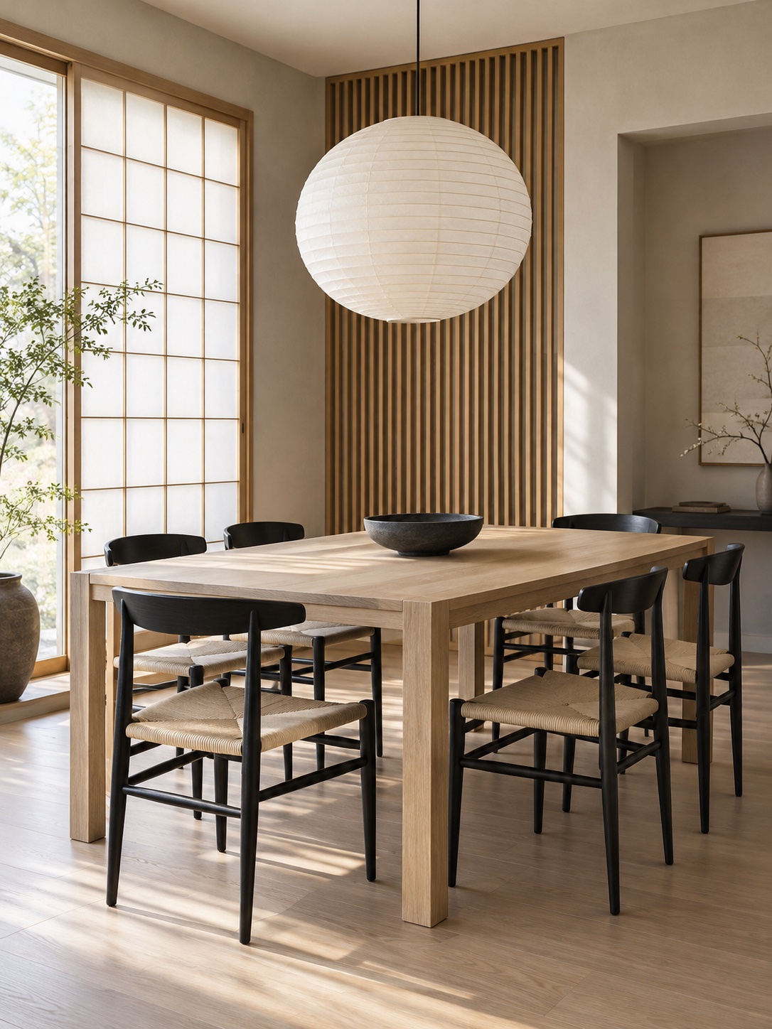 Comedor de inspiración japonesa con madera clara y sillas negras