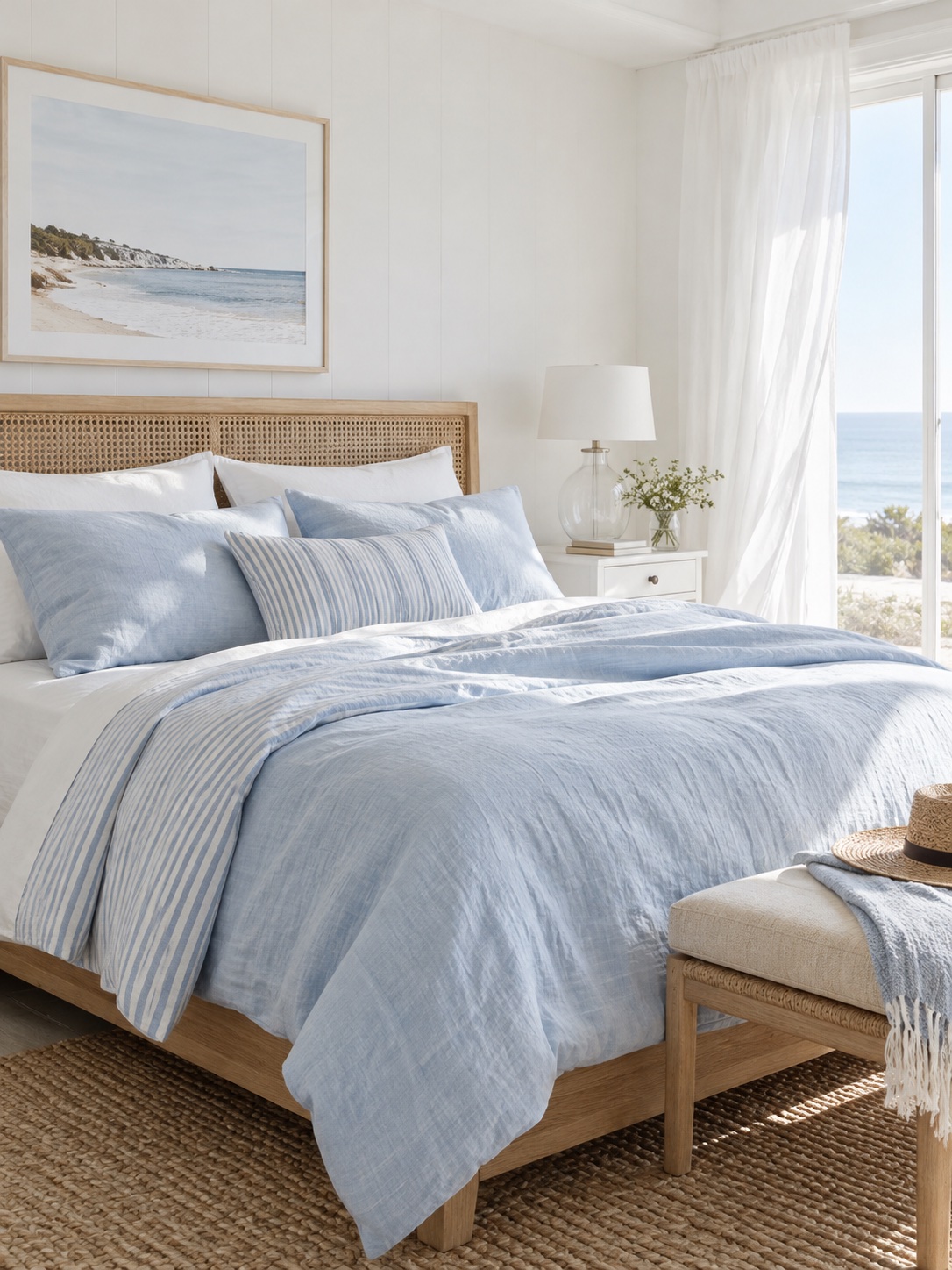 Dormitorio costero luminoso con textiles azul cielo y cabecero tejido