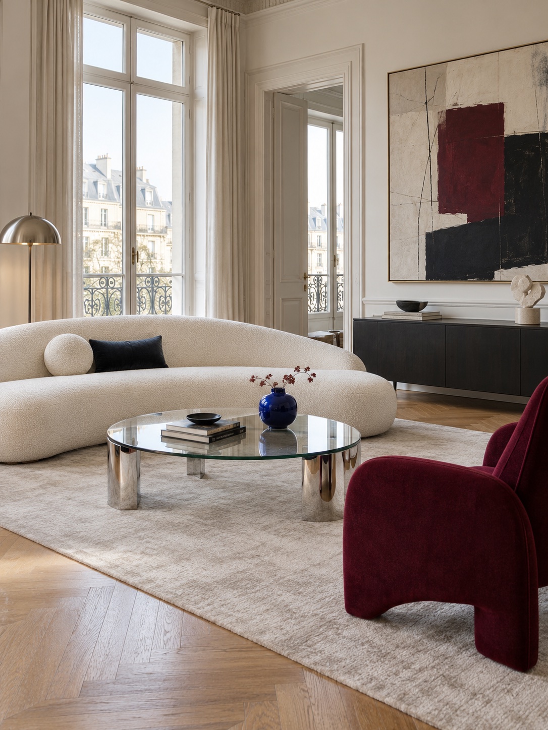 Sala contemporánea con sofá curvo, sillón burdeos y mesa de vidrio