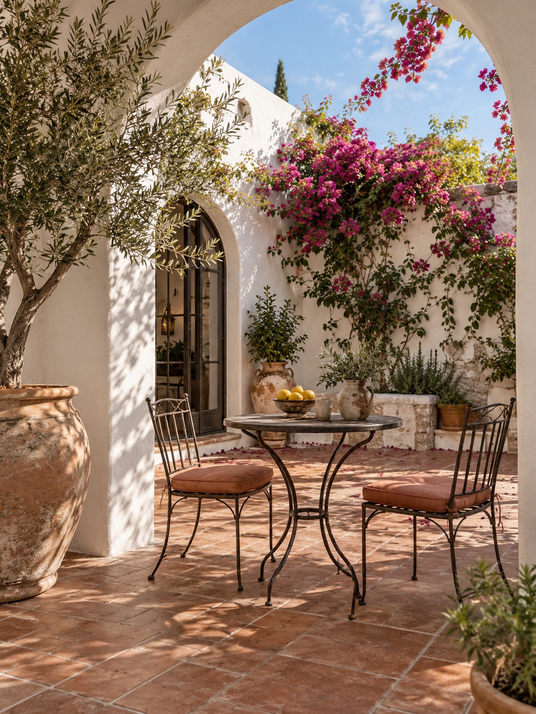 Terraza mediterránea con arco blanco, terracota y buganvilla
